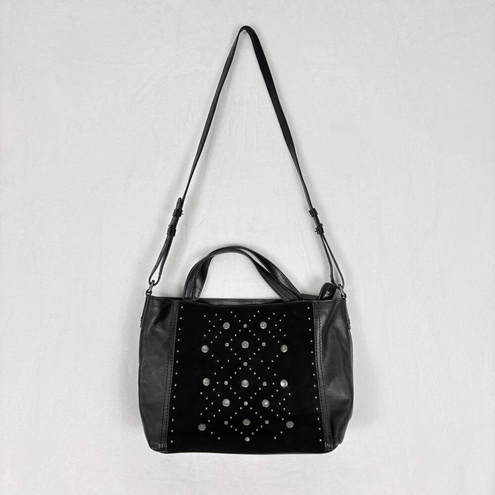 Lucky Brand Black Leather and Suede Studded Satchel‎ Purse with Crossbody Strap